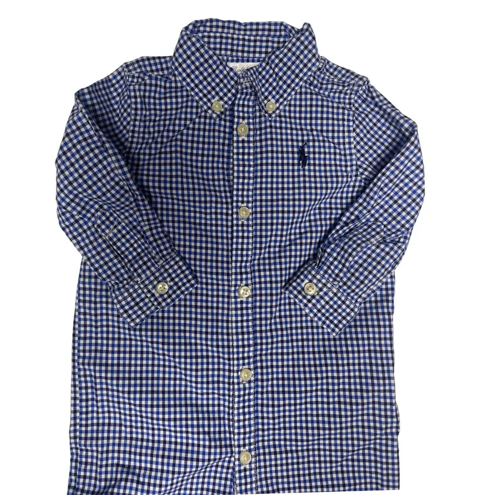 Ralph Lauren Blue Gingham Coverall Romper Infant Boys 9M
